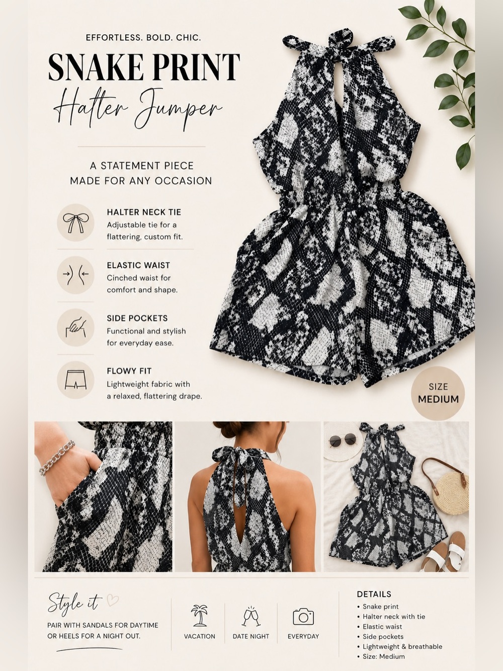 New York & Company Black and White Snake Print Halter Romper